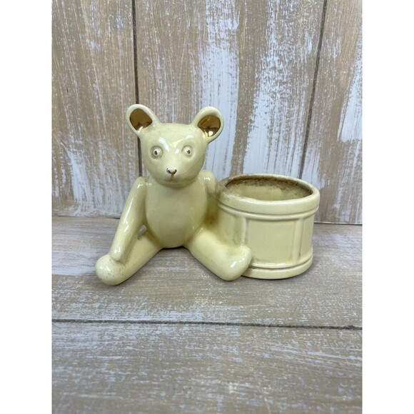 Vintage Haeger Pottery Yellow Teddy Bear & Drum Planter w/Gold Highlights - Picture 1 of 10